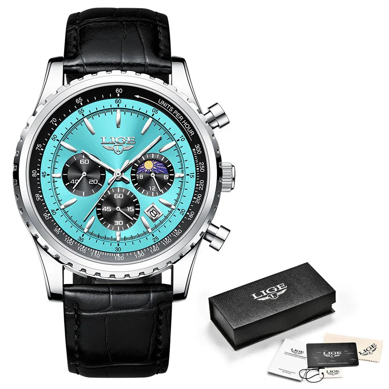 New Fashion Mens Watches LIGE Top Brand Luxury Leather Casual Quartz Watch Men's Sport Waterproof Clock Watch Reloj Hombre+Box