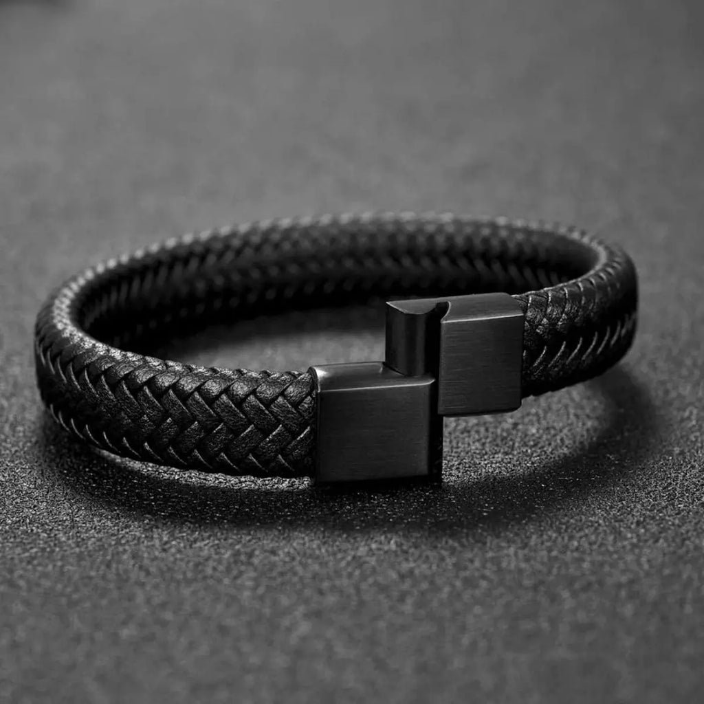 Premium Men's Woven Leather Bangle Bracelet