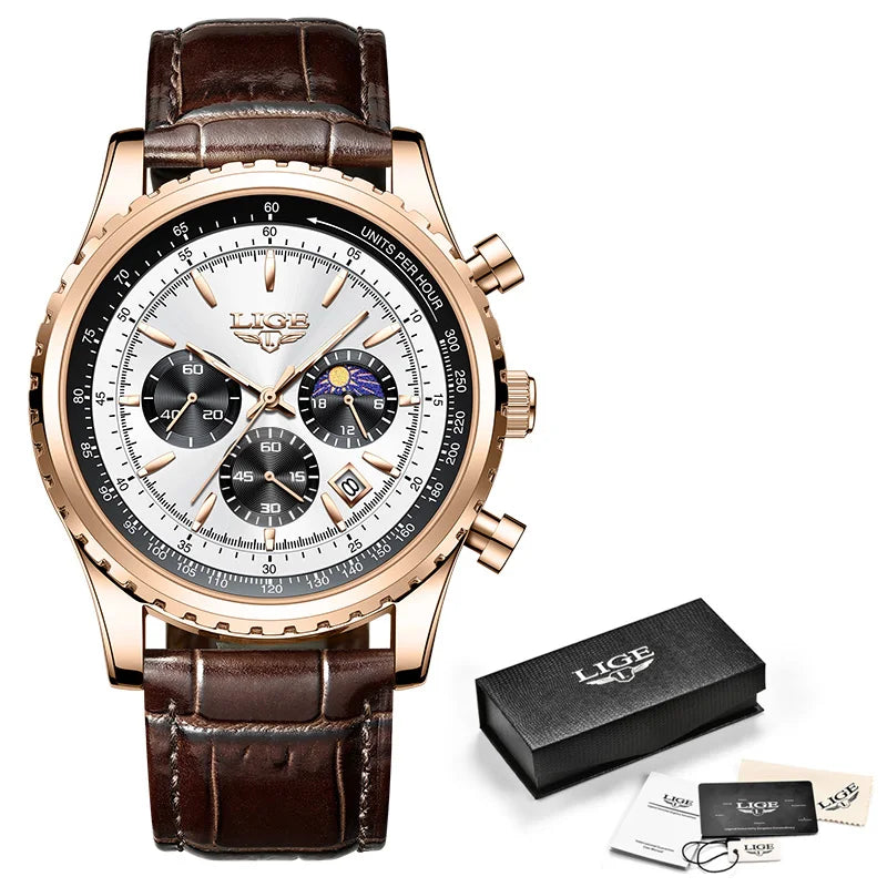 New Fashion Mens Watches LIGE Top Brand Luxury Leather Casual Quartz Watch Men's Sport Waterproof Clock Watch Reloj Hombre+Box