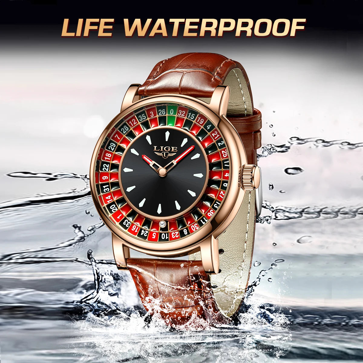 LIGE Men's Rotating Dial Leather Watch