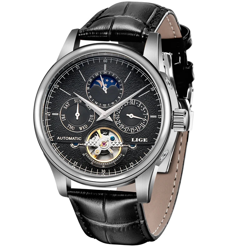 LIGE Men Watches Automatic Mechanical Watch Tourbillon Clock Genuine Leather Waterproof Watch Men Military Wristwatch Man